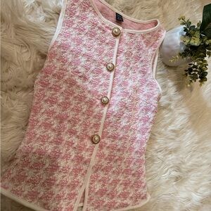 Pink Tweed Sleeveless Top with Pearl Buttons